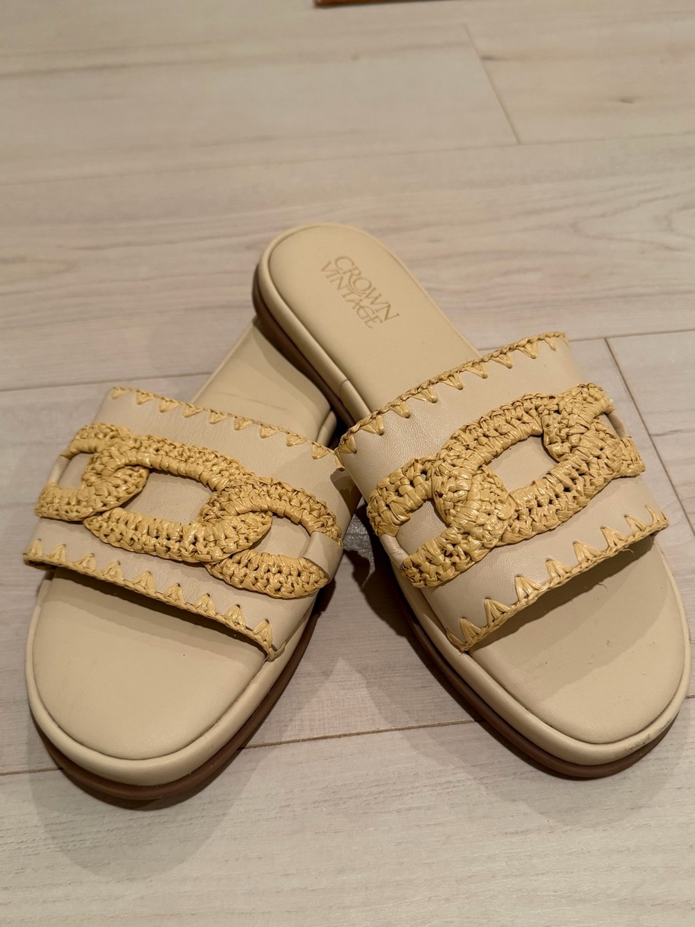 Crown Vintage Cream Slide Mules with Woven Chain Detail